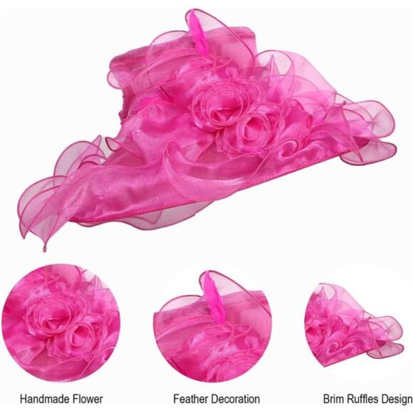 Women Sun Hat Church Wide Brim Hot Pink - Picture 6 of 7